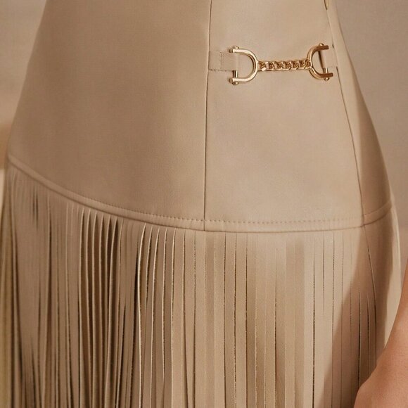 Beige Boho Women's Versatile Midi High Waisted Soft Leather Fringed Skirt - Picture 2 of 6